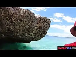 Asian European amateur couple enjoying public sex on a deserted island