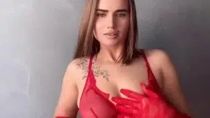 Brunette with big breasts in red lingerie showcases her body