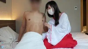 Handjob a with glimpse of Himari’s red panties.