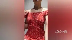Innocent girl in a red dress public masturbation in a dressing room store